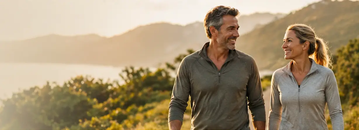 Healthy couple walking outdoors in natural light