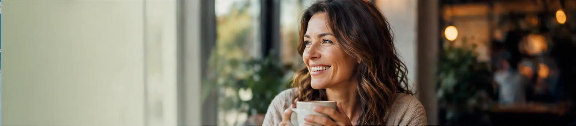 Woman in her 40s enjoying coffee and feeling restored