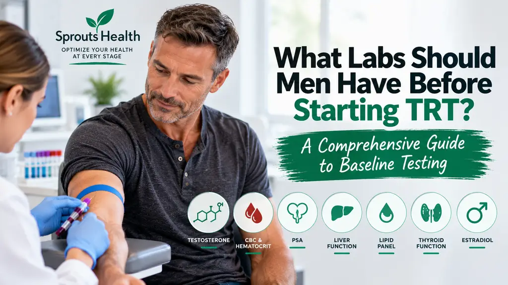 What labs before TRT? Man undergoing blood testing at a medical clinic before starting testosterone replacement therapy.