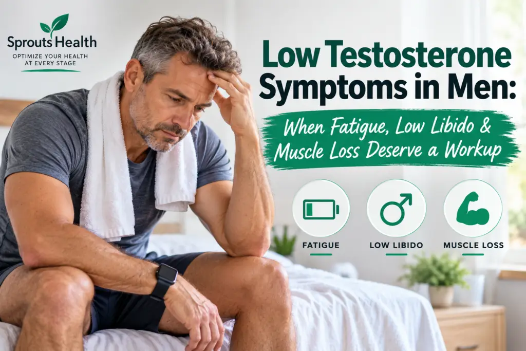 Man experiencing fatigue, illustrating low testosterone symptoms in men including low libido and muscle loss