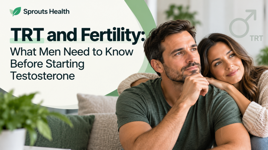 TRT and fertility: A couple discussing family planning and the effects of testosterone replacement therapy on sperm production.