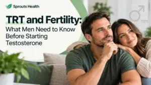 TRT and fertility: A couple discussing family planning and the effects of testosterone replacement therapy on sperm production.