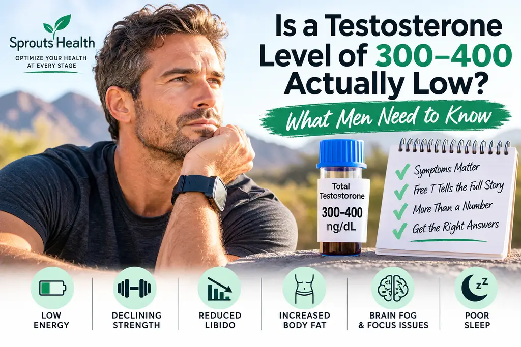 Illustration asking is testosterone 300-400 low, featuring a man and a testosterone lab result