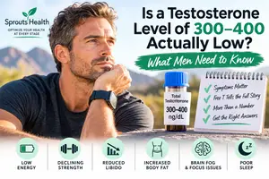 Illustration asking is testosterone 300-400 low, featuring a man and a testosterone lab result